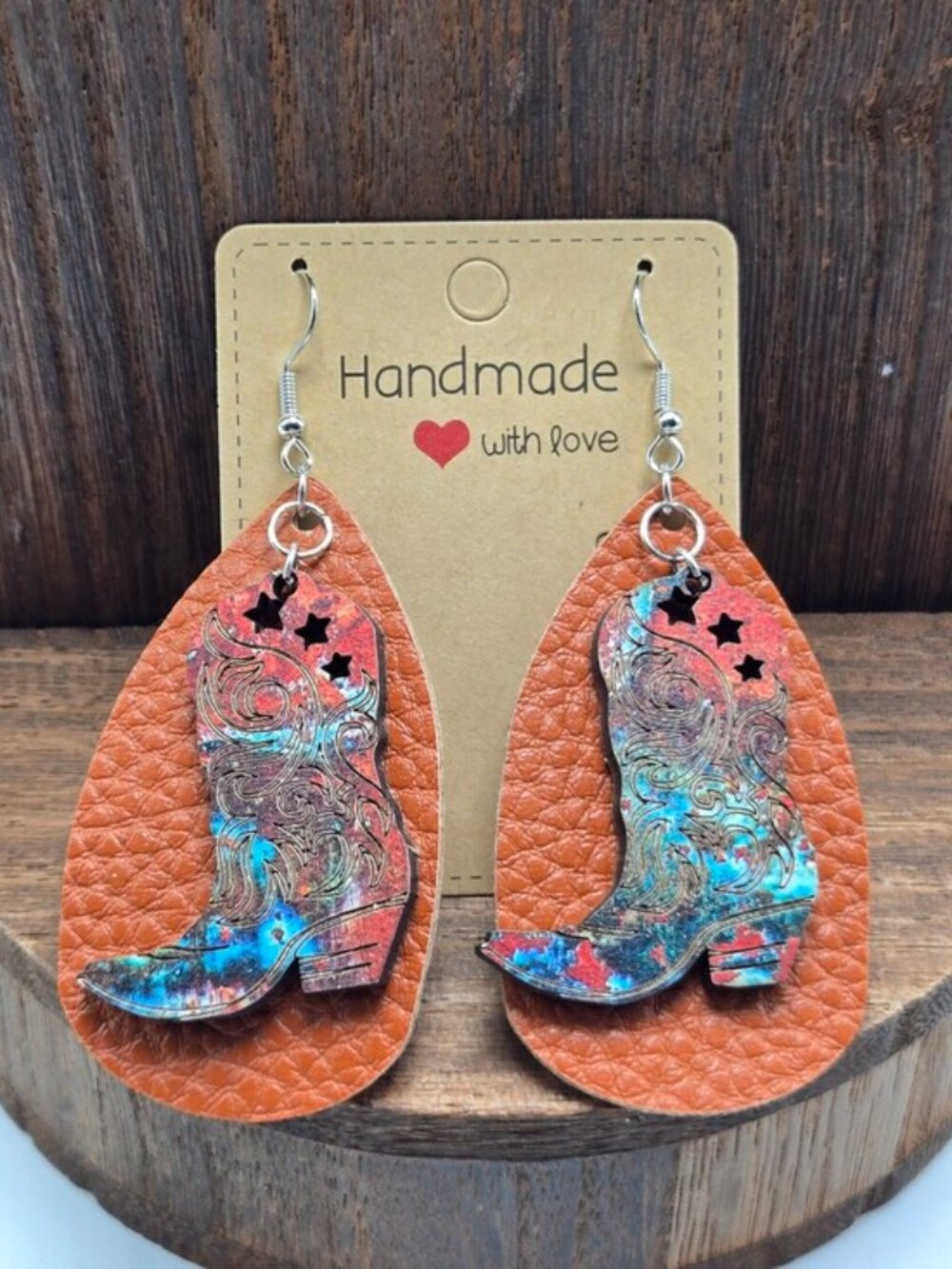NWT Wood Cowboy Boot Earrings Pierced Faux Leather Western Dangle Drop OOAK